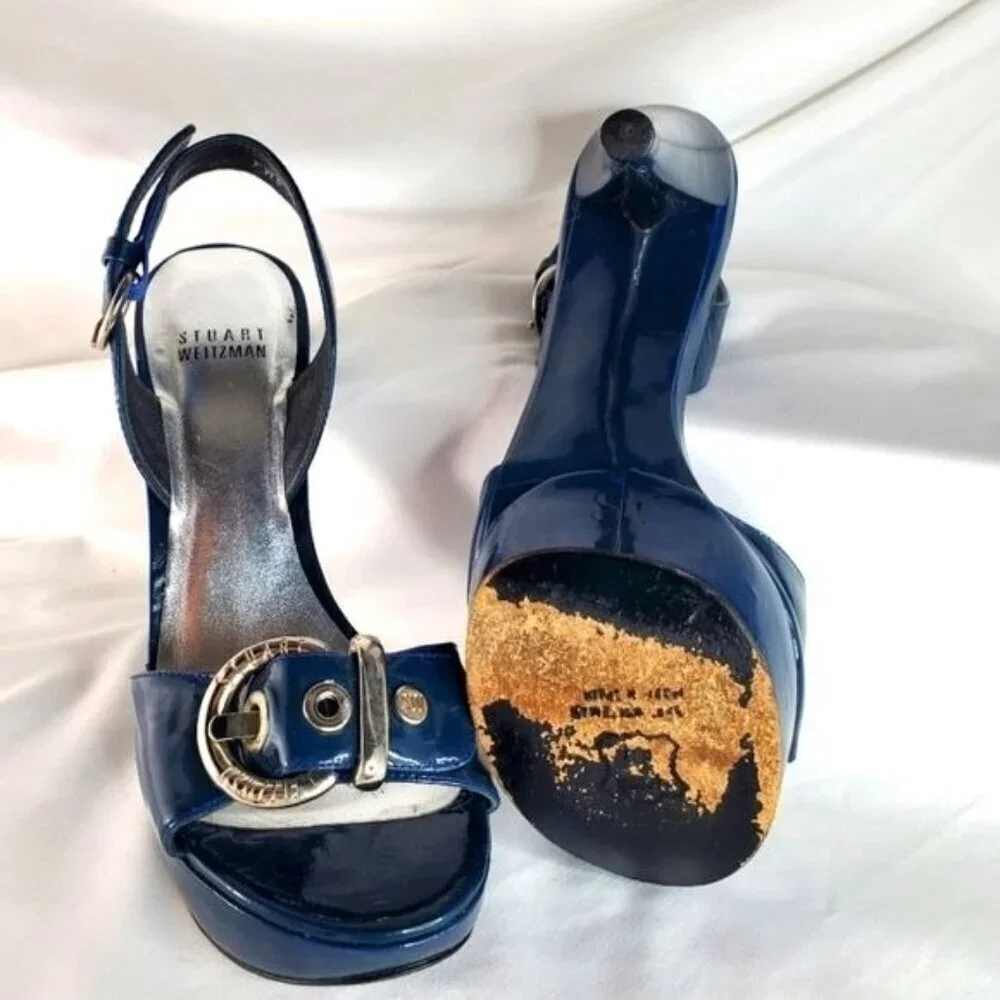 Stuart Weitzman blue patent leather buckle slingback platform shoes heel  7.5 - Picture 12 of 14